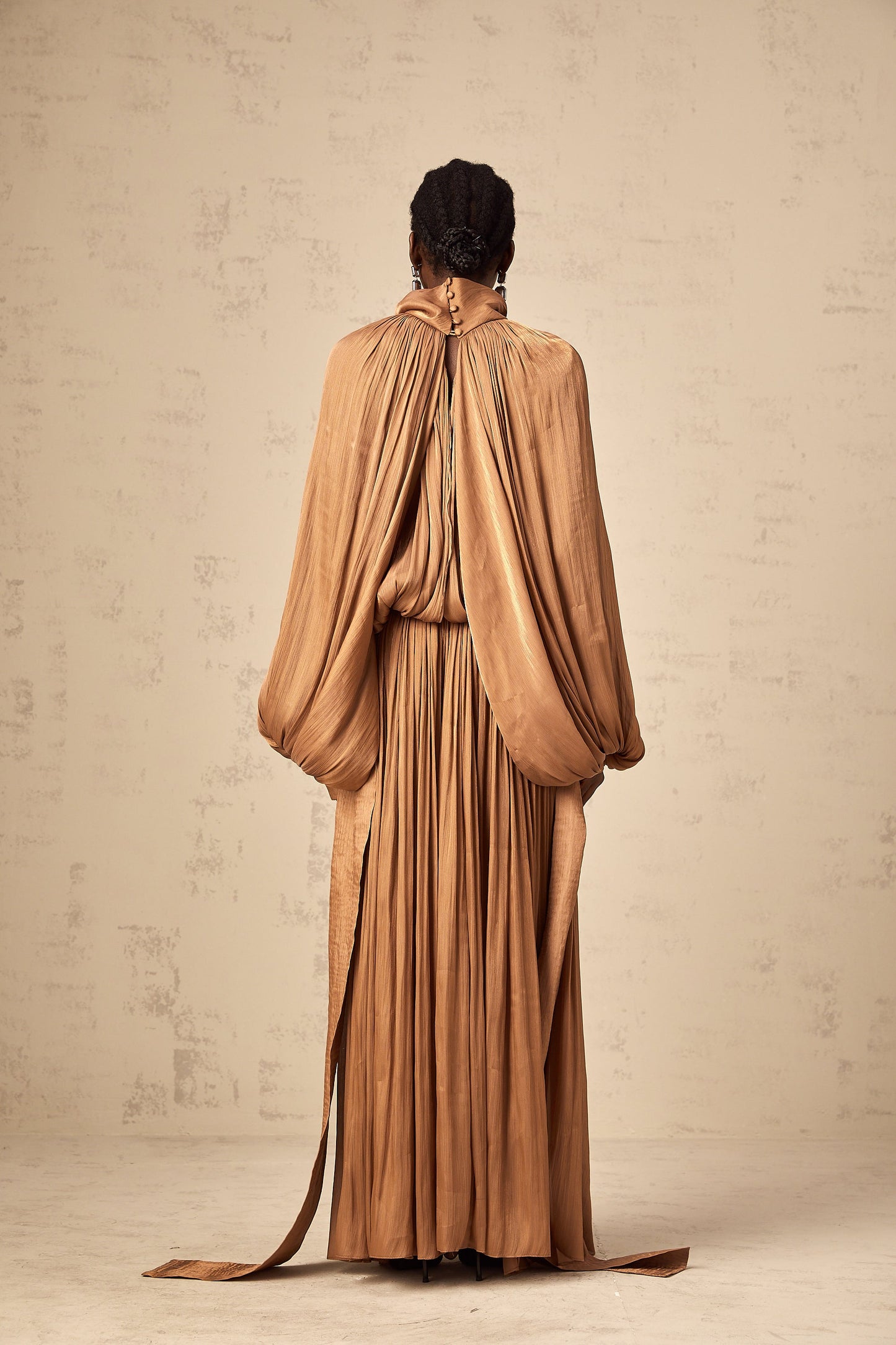 Mila pleated satin maxi dress in Brown