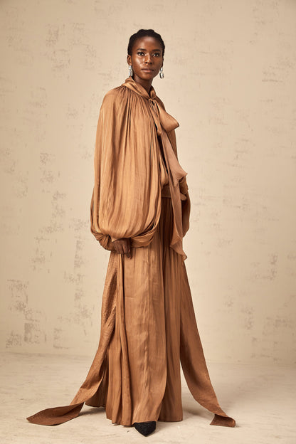 Mila pleated satin maxi dress in Brown