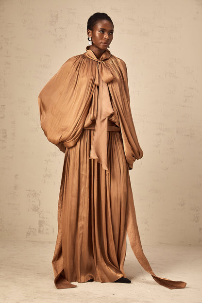 Mila pleated satin maxi dress in Brown