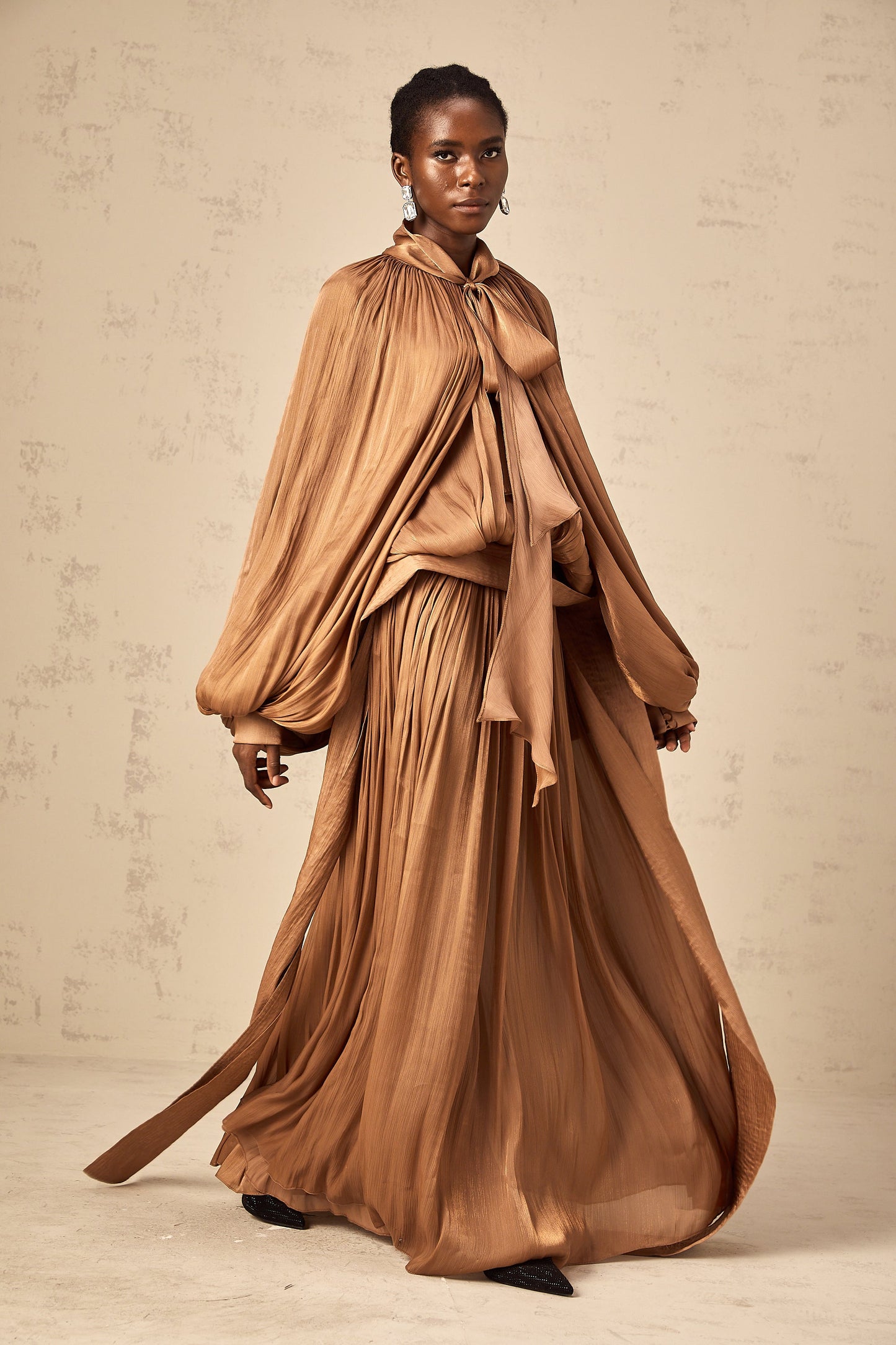 Mila pleated satin maxi dress in Brown