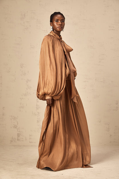 Mila pleated satin maxi dress in Brown