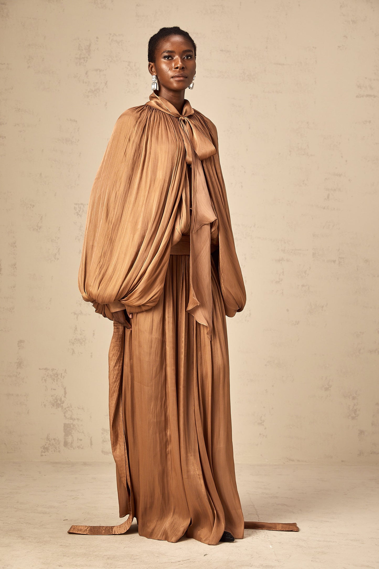 Mila pleated satin maxi dress in Brown