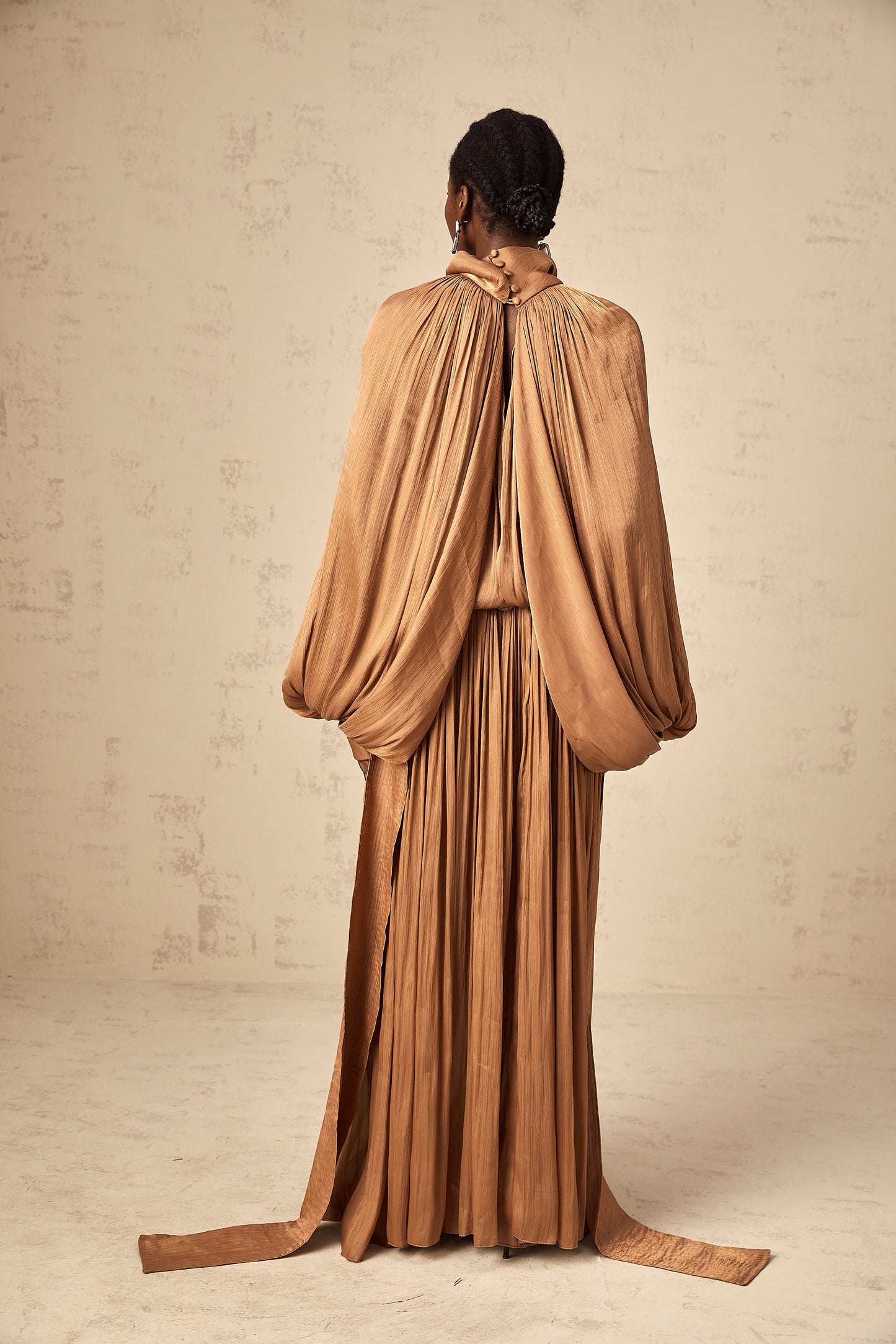 Mila pleated satin maxi dress in Brown