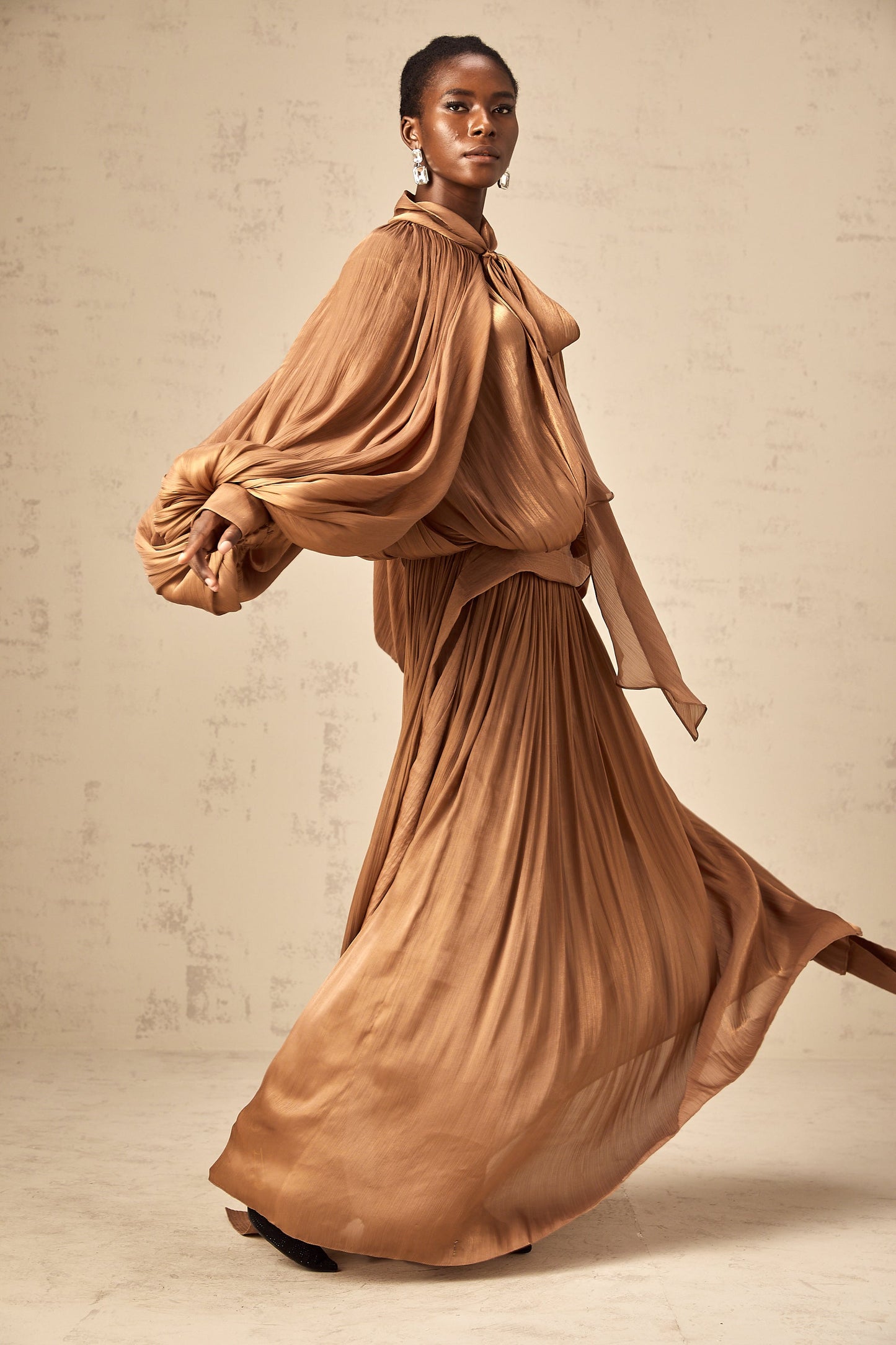 Mila pleated satin maxi dress in Brown