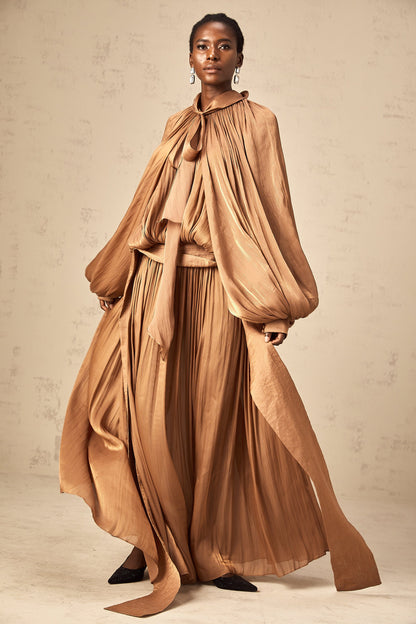 Mila pleated satin maxi dress in Brown