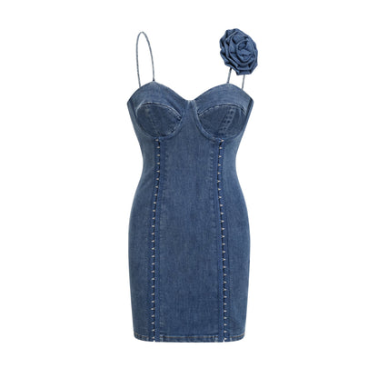 Yvette Çiçek Aplikeli Denim Mini Elbise