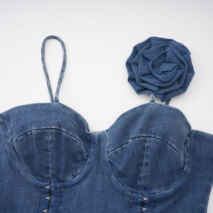 Yvette Çiçek Aplikeli Denim Mini Elbise